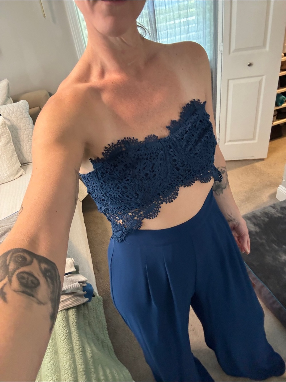 Love Culture Navy Lace Strapless Wide-Leg Jumpsuit